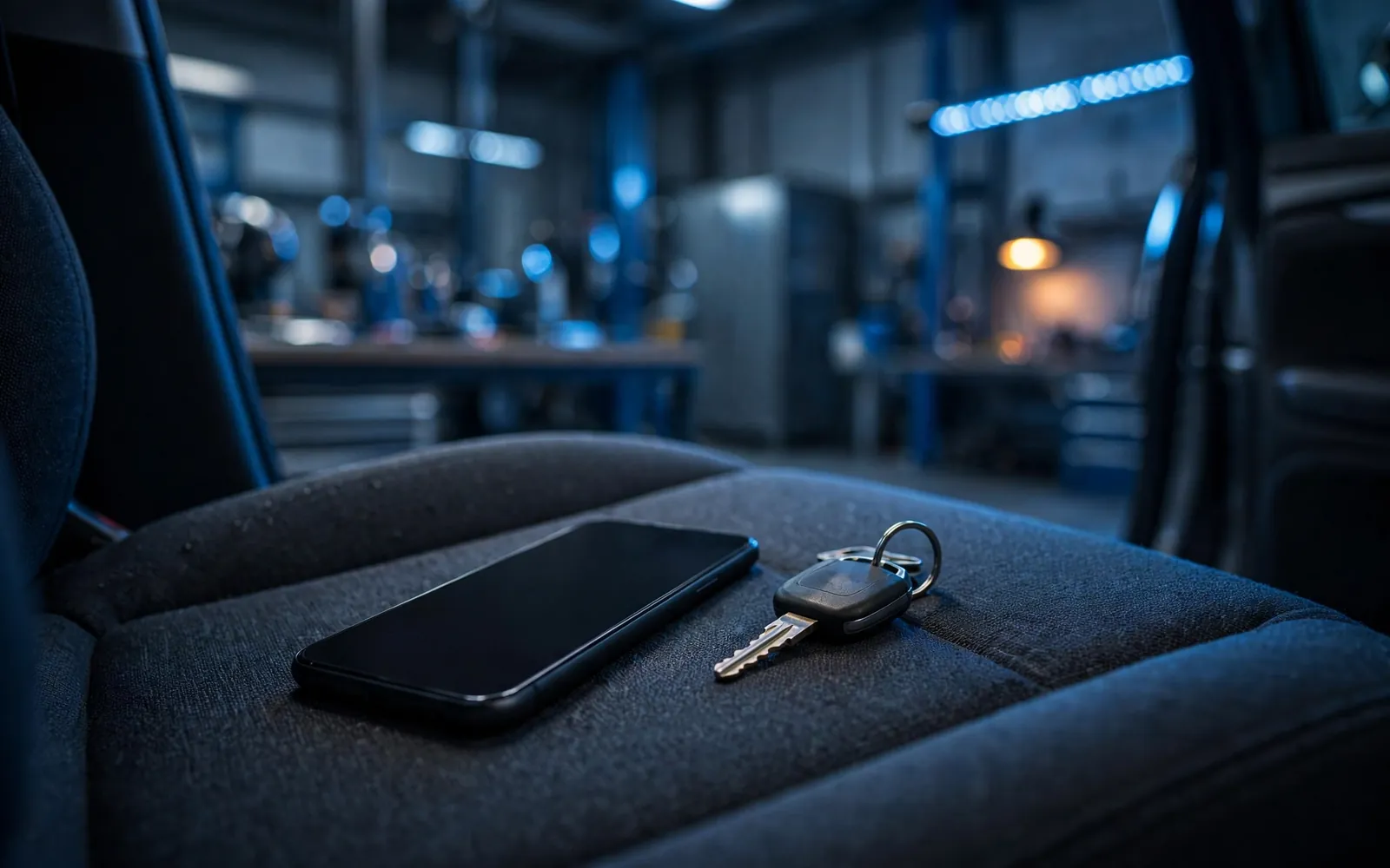 Phone and car key on a seat
