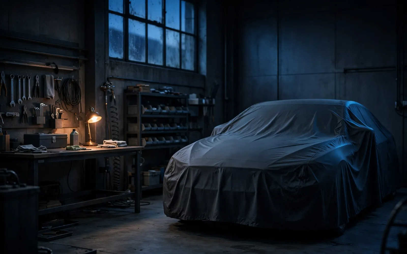 Covered car in a quiet workshop