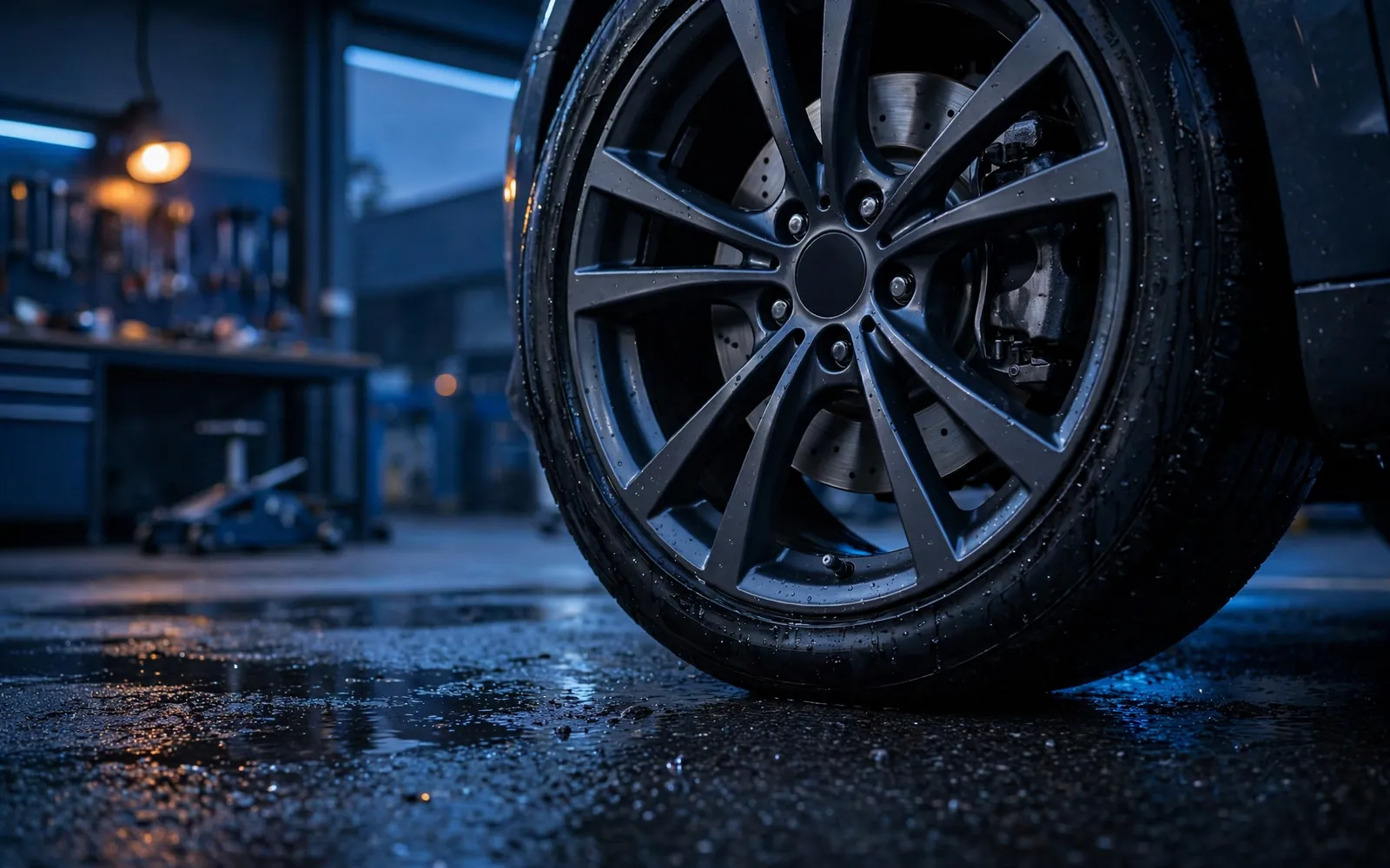 Wheel and tyre at dusk