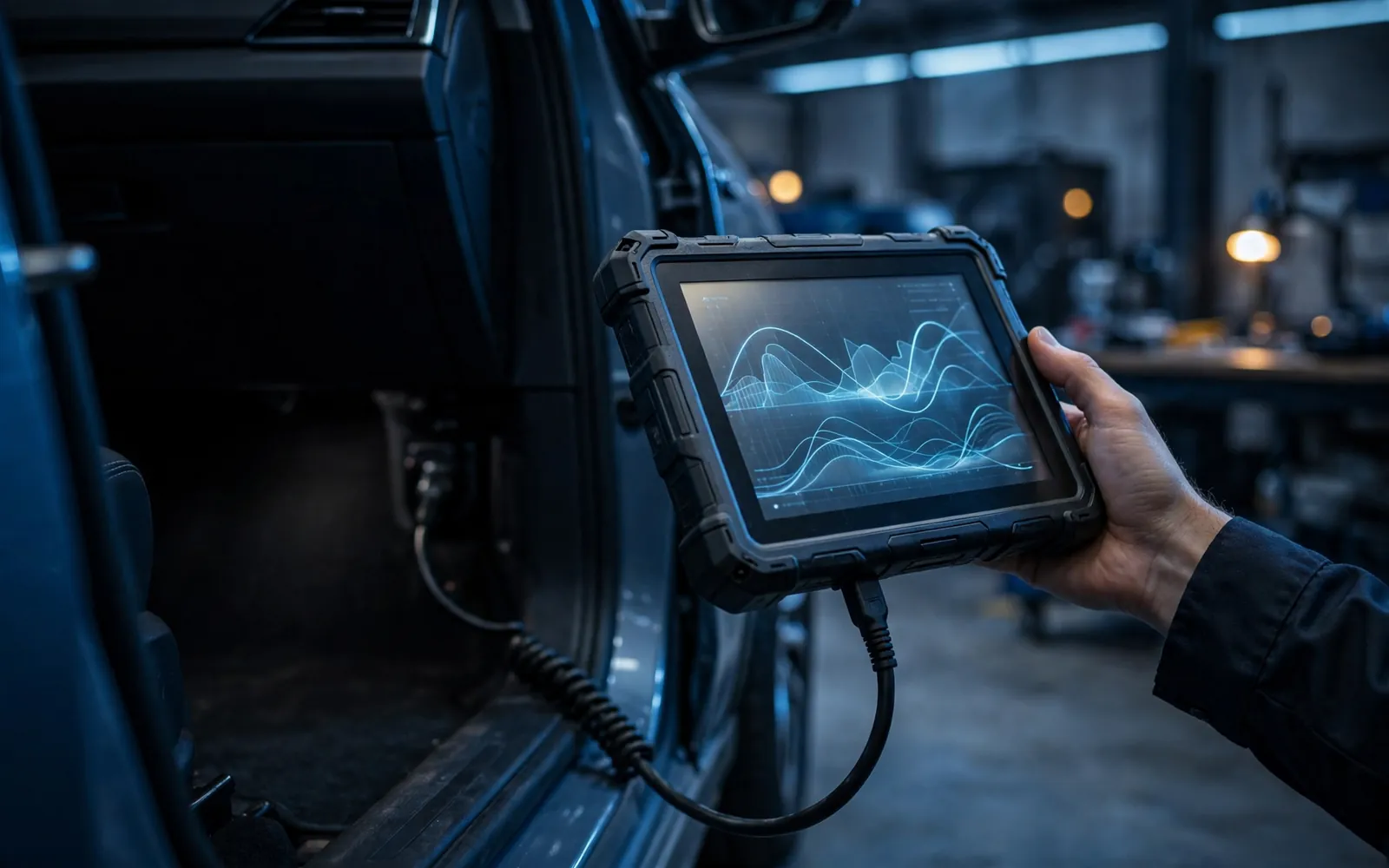 Diagnostic tablet connected to a car