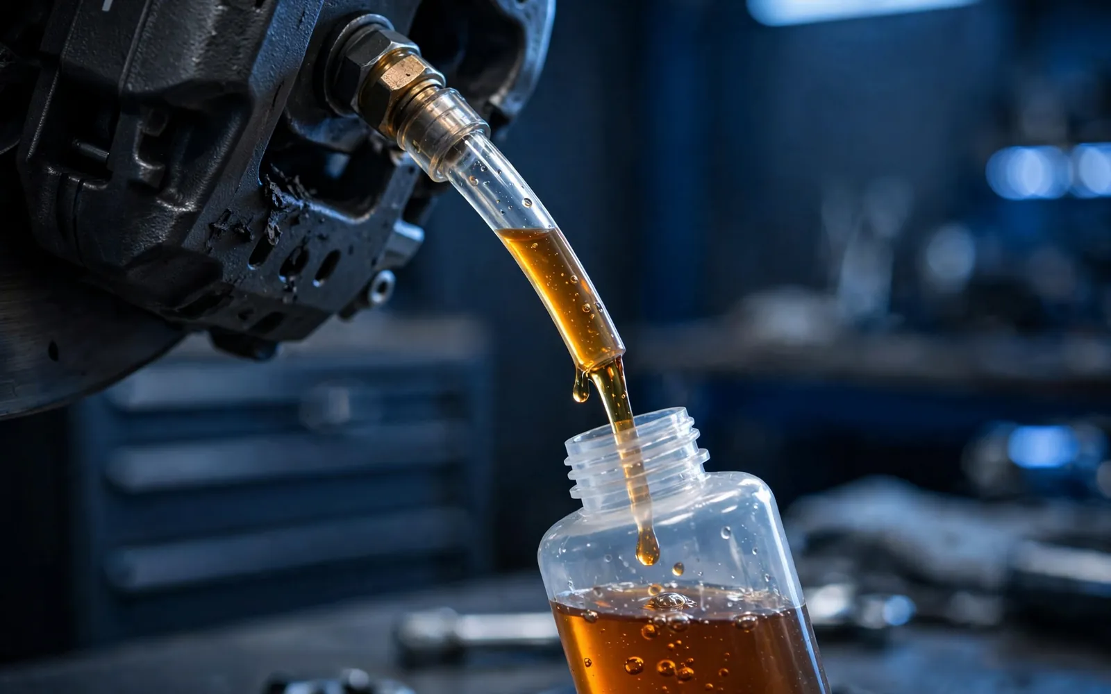 Brake fluid being bled from a caliper