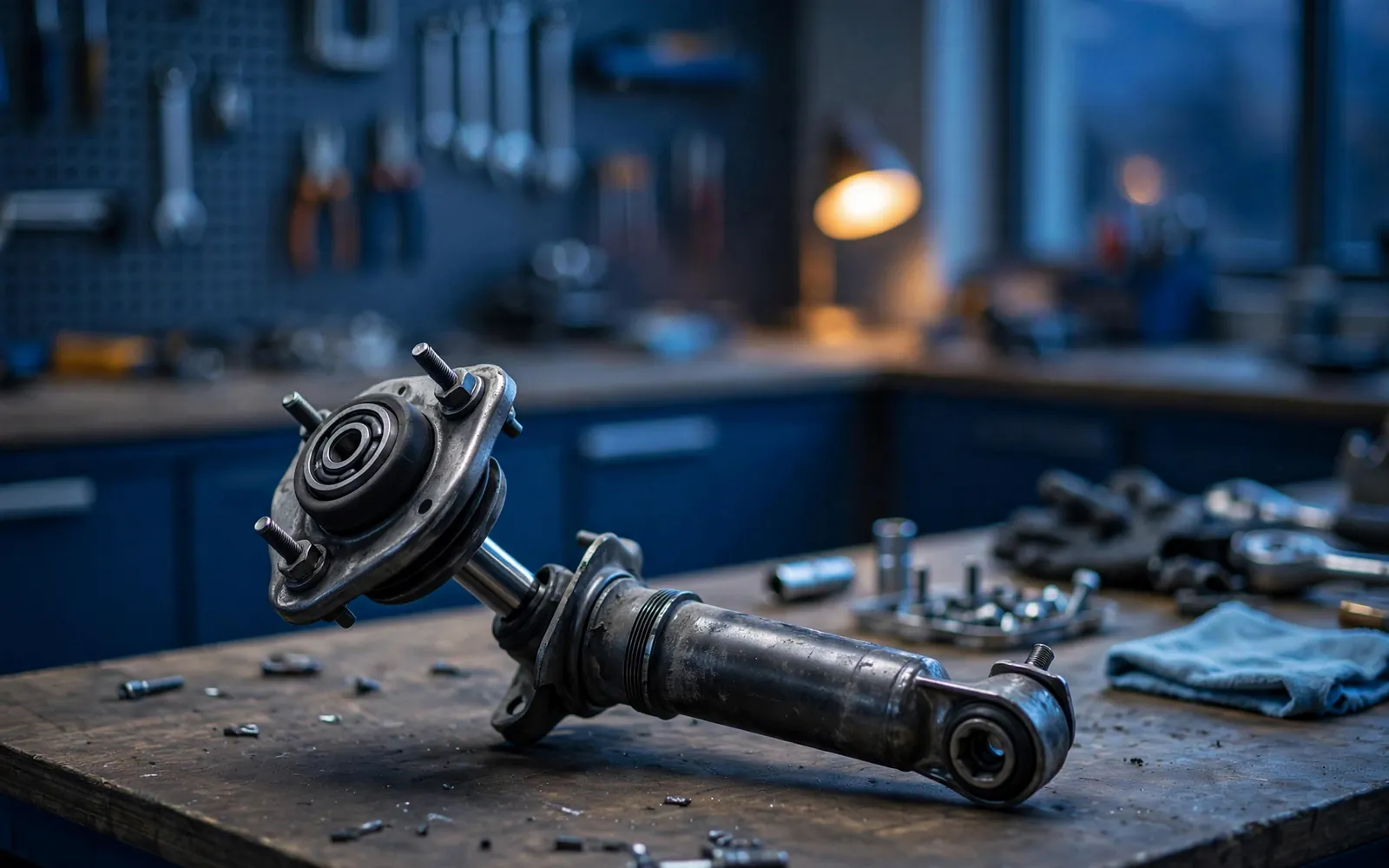 Strut assembly on a workbench
