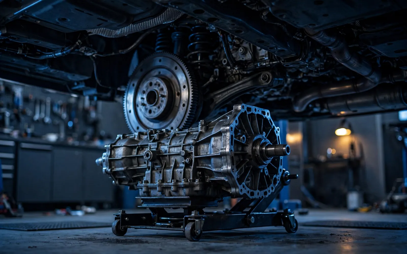 Gearbox lowered for clutch work