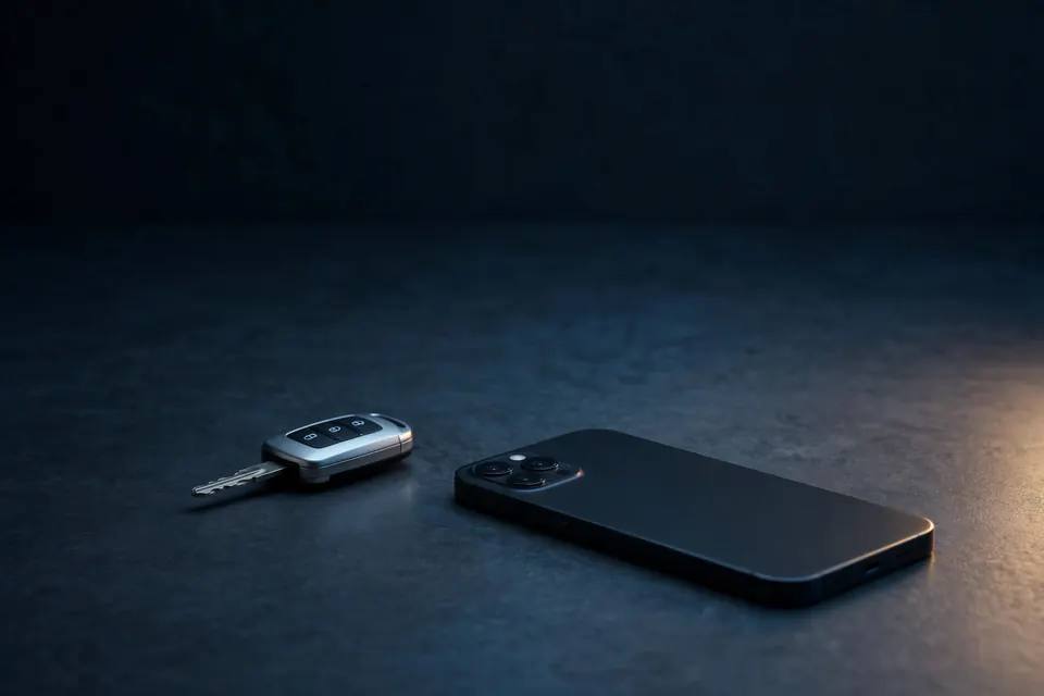 Phone face-down beside a car key