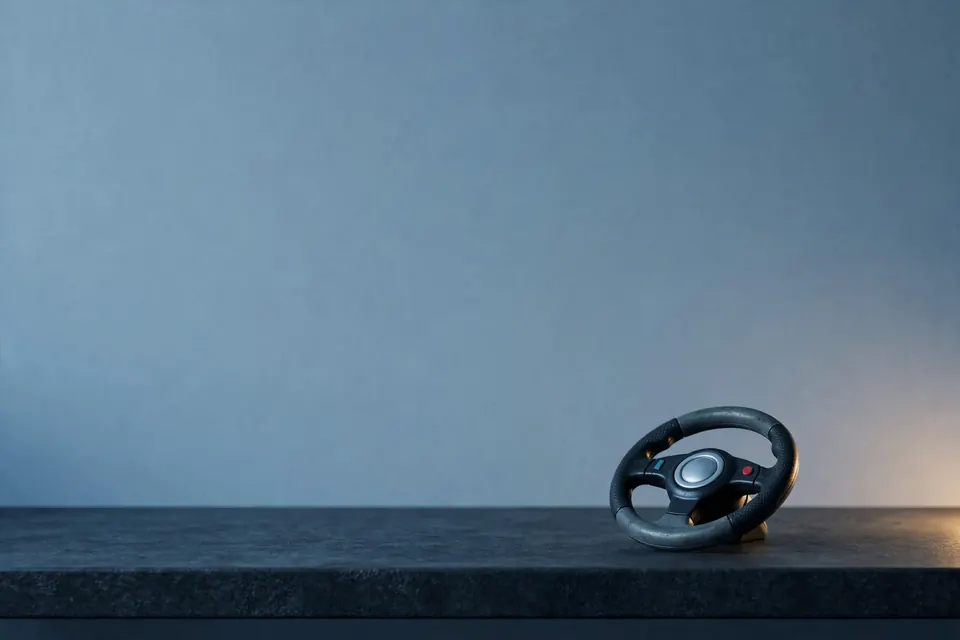 Toy steering wheel on a shelf